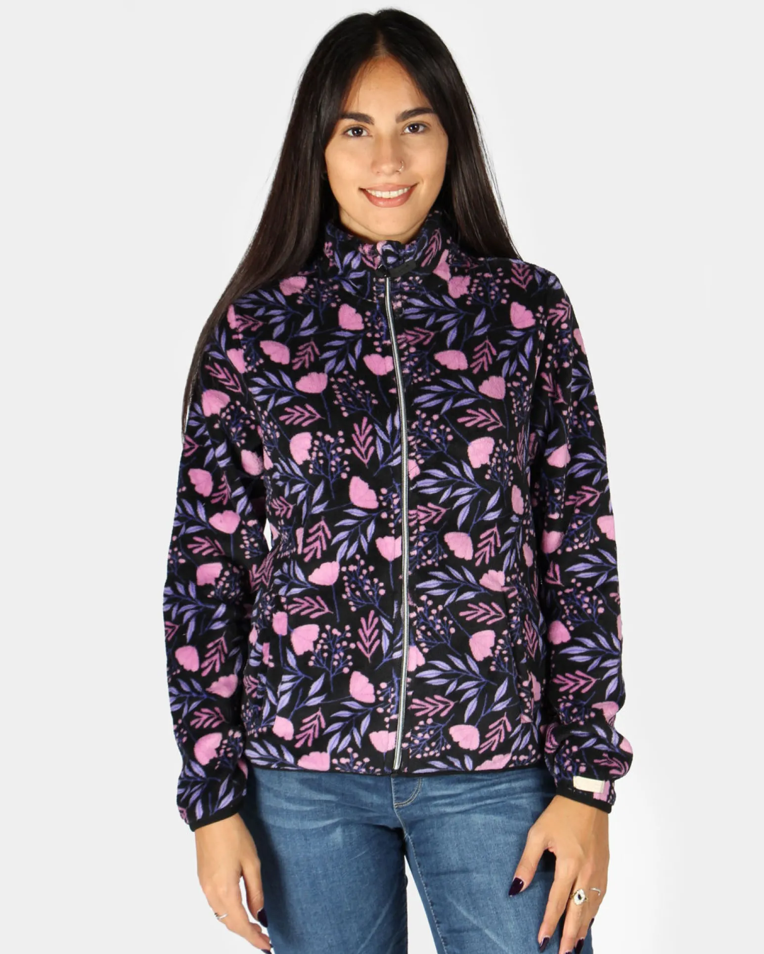ON SPIRIT - MICROPILE ORSETTO DONNA FULL ZIP NERO A FIORI ROSA E LILLA - OLIVIA