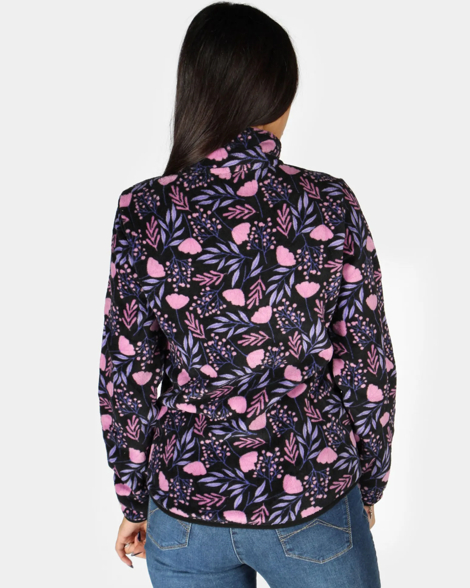ON SPIRIT - MICROPILE ORSETTO DONNA FULL ZIP NERO A FIORI ROSA E LILLA - OLIVIA