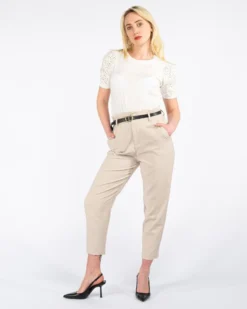 PAQUITA - PANTALONE BEIGE CON VITA ARRICCIATA E CINTURA