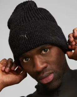 PUMA - Cappello invernale a coste nero con logo metallizzato