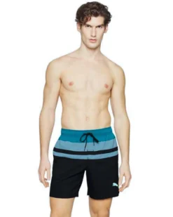 PUMA - Costume da bagno pantaloncino lunghezza media nero con dettagli verde chiaro e logo giallo fluo