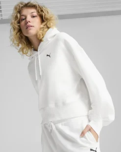 PUMA - FELPA CON CAPPUCCIO  BIANCA  WARDROBE ESSENTIAL RELAXED CROP DA DONNA , 629746-02