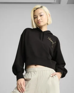 PUMA - FELPA CON CAPPUCCIO NERA LEO LUXE RELAXED CROPPED HD DA DONNA, 632338-01