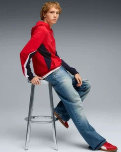 PUMA -FELPA CON CAPPUCCIO ROSSA E BLU ESSENTIAL BLOCK HD  DA UOMO,   691699-11