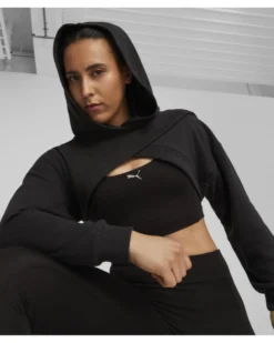 PUMA - Felpa crop da donna nera in tessuto traspirante con cappuccio