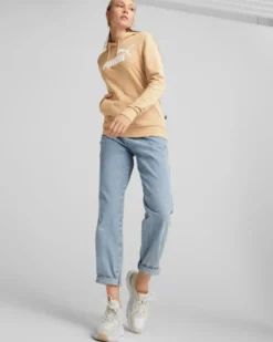 PUMA - Felpa da donna beige con logo bianco e cappuccio