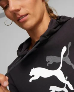 PUMA - Felpa da donna nera con logo bianco e cappuccio