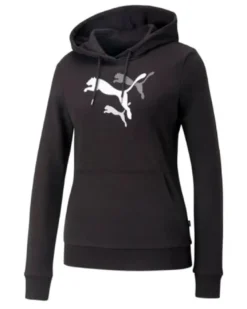 PUMA - Felpa da donna nera con logo bianco e cappuccio