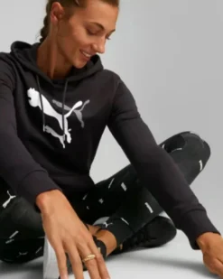 PUMA - Felpa da donna nera con logo bianco e cappuccio