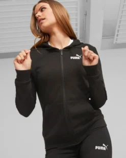 PUMA - Felpa da donna nera con zip frontale e cappuccio