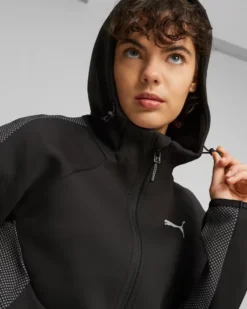 PUMA - Felpa da donna nera in tessuto traspirante con cappuccio e zip frontale