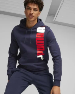 PUMA - Felpa da uomo blu con cappuccio e stampa logo verticale