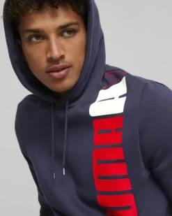 PUMA - Felpa da uomo blu con cappuccio e stampa logo verticale
