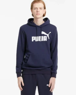 PUMA - Felpa da uomo blu scuro con cappuccio e logo bianco