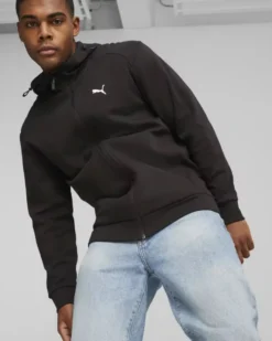 PUMA - Felpa da uomo nera con zip frontale e cappuccio