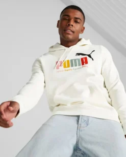 PUMA - Felpa da uomo panna con logo colorato e cappuccio
