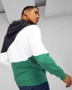 PUMA - Felpa da uomo verde nera e bianca con cappuccio