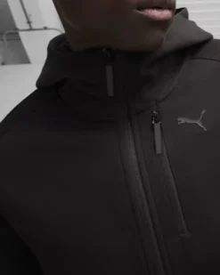 PUMA - Felpa nera da uomo in tessuto traspirante con zip frontale e cappuccio