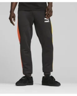 PUMA - Pantalone tuta da uomo nero con elastico alla caviglia e bande laterali
