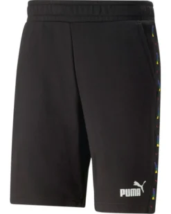 PUMA - Pantaloni corti da uomo neri con logo bianco e stampa logo arcobaleno sui lati