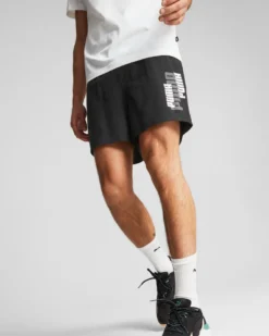 PUMA - Pantaloni corti da uomo neri con logo bianco e grigio