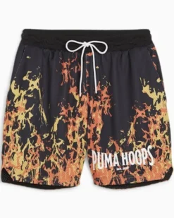 PUMA SHORTS DA BASKET STRAIGHT FLAMES - Pantaloncino da uomo nero con motivo straight Flames - 62475801