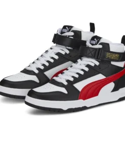 PUMA - Sneakers alta da uomo in VERA PELLE bianca e nera con dettagli rossi - RBD GAME