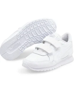 PUMA - Sneakers da bambino bianca in VERA PELLE con doppio strappo e soletta in memory foam, numerata 28/35 - ST RUNNER V3 L V PS