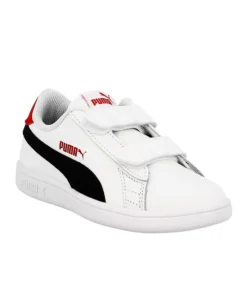 PUMA - Sneakers da bambino bianca e blu in VERA PELLE con dettagli rossi e doppio strappo, numerata 28/35 - SMASH V2 L V PS