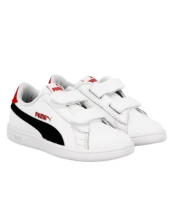 PUMA - Sneakers da bambino bianca e blu in VERA PELLE con dettagli rossi e doppio strappo, numerata 28/35 - SMASH V2 L V PS
