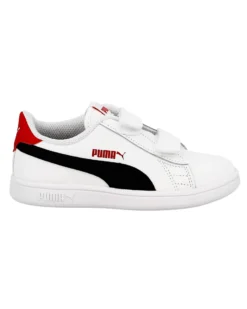 PUMA - Sneakers da bambino bianca e blu in VERA PELLE con dettagli rossi e doppio strappo, numerata 28/35 - SMASH V2 L V PS