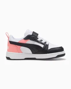 PUMA -  SNEAKERS KIDS REBOUND V6 LO BIANCA CON DETTAGLI NERI E ROSA PESCA DAL 28 AL 35,  397419-24