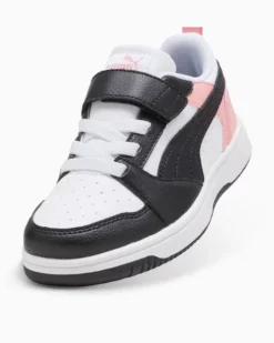 PUMA -  SNEAKERS KIDS REBOUND V6 LO BIANCA CON DETTAGLI NERI E ROSA PESCA DAL 28 AL 35,  397419-24