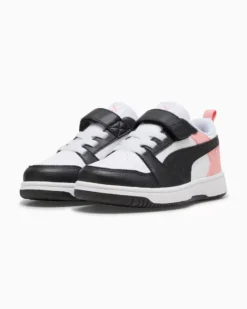 PUMA -  SNEAKERS KIDS REBOUND V6 LO BIANCA CON DETTAGLI NERI E ROSA PESCA DAL 28 AL 35,  397419-24