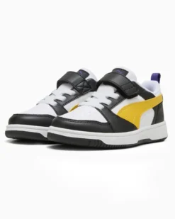 PUMA -  SNEAKERS KIDS REBOUND V6 LO BIANCA CON DETTAGLI NERI E GIALLI DAL 28 AL 35,  397419-23