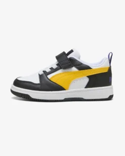 PUMA - SNEAKERS KIDS REBOUND V6 LO BIANCA CON DETTAGLI NERI E GIALLI DAL 28 AL 35, 397419-23