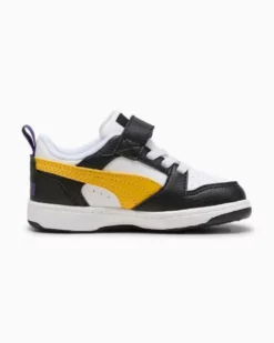 PUMA - SNEAKERS KIDS REBOUND V6 LO AC+TD BIANCHE CON DETTAGLI NERI E GIALLE DAL 20 AL 27, 397420-23