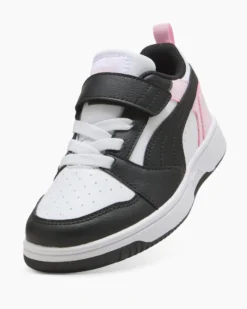 PUMA -  SNEAKERS KIDS REBOUND V6 LO BIANCA CON DETTAGLI NERI E ROSA DAL 28 AL 35,  397419-37