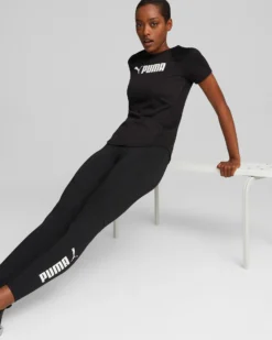PUMA - T-shirt da donna girocollo nera con logo bianco