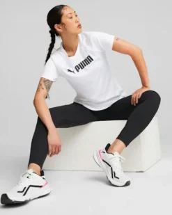 PUMA - T-shirt da donna girocollo bianca con logo nero