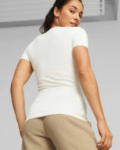 PUMA - T shirt da donna slim fit a coste bianca con logo bianco