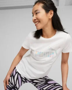 PUMA - T shirt girocollo da donna bianca in cotone con logo metallizzato