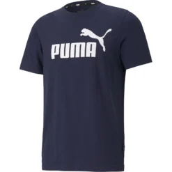 PUMA - T shirt girocollo da uomo blu in cotone con logo bianco