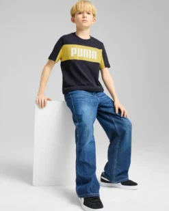 PUMA - T-SHIRT JUNIOR ( 7-16 ANNI) MEZZA MANICA BLU E GIALLA ESSENTIAL BLOCK TEE, 685818-16