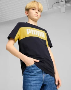 PUMA - T-SHIRT JUNIOR ( 7-16 ANNI) MEZZA MANICA BLU E GIALLA ESSENTIAL BLOCK TEE, 685818-16