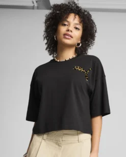 PUMA - T-SHIRT MEZZA MANICA NERA  LOEPARDATA UXE OVERSIZED SHORT  DA DONNA, 632337-01