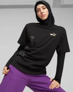 PUMA - T shirt relaxed fit da donna nera con logo oro