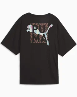PUMA - T shirt relaxed fit nera da donna in tessuto traspirante con stampa logo posteriore