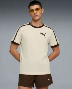 PUMA - T-SHIRT UOMO MEZZA MANICA BEIGE E MARRONE T7 BIG CAT RINGER TEE AL.SNOW, 635242-87