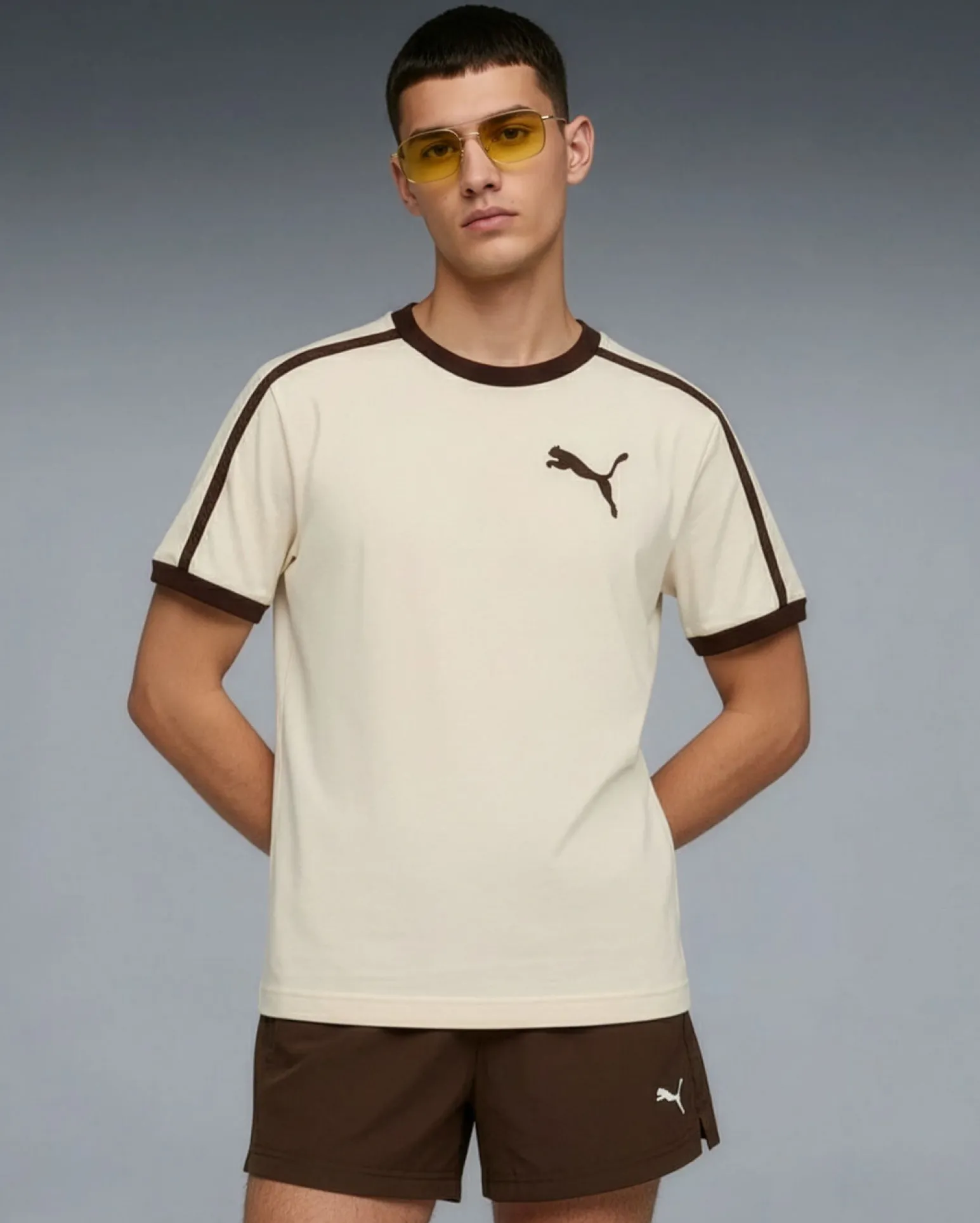 PUMA - T-SHIRT UOMO MEZZA MANICA BEIGE E MARRONE T7 BIG CAT RINGER TEE AL.SNOW, 635242-87